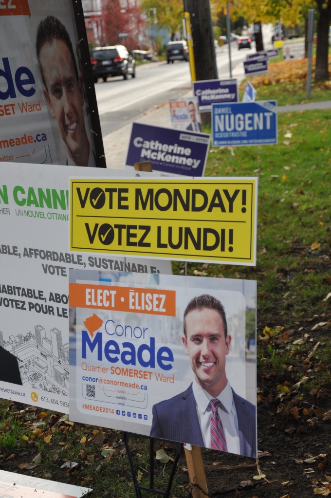 I like the "Vote Monday" additions to Conor Meade's signs.